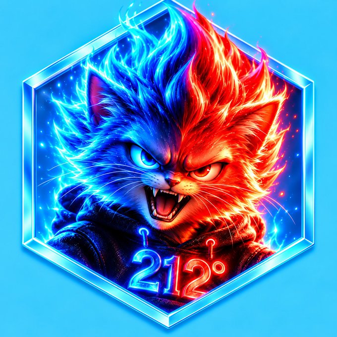 A vibrant digital illustration of a cat split between blue (ice/fire) and red (fire/flame) sides inside a glowing hexagonal frame, with neon-style text displaying '212°' at the bottom.