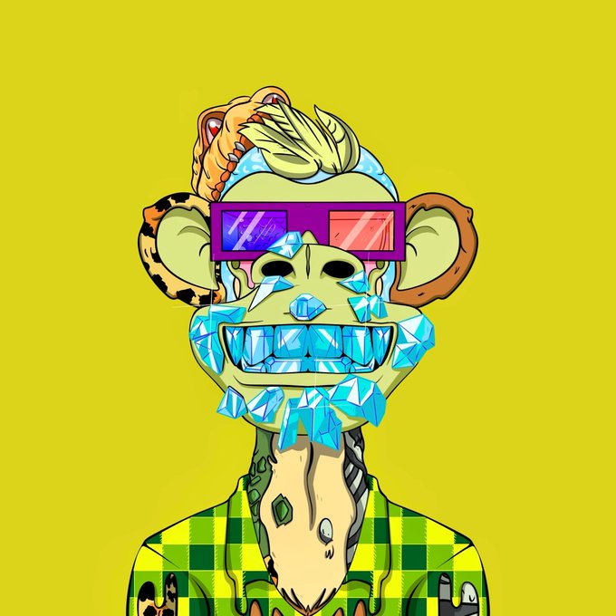 A vibrant cartoon-style illustration of an ape-like character on a yellow background, featuring diamond-encrusted teeth, 3D glasses with purple and red lenses, and a green plaid shirt.