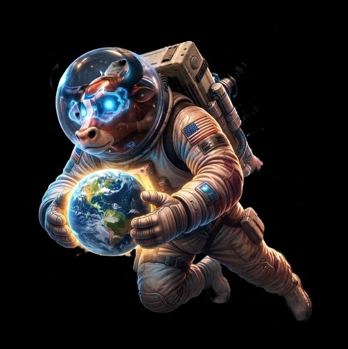 A fantasy digital illustration of a bull-like astronaut in a spacesuit with an American flag patch, holding a glowing Earth in its hands against a black background.