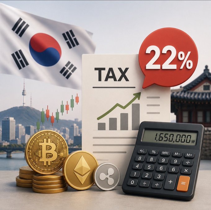 Composite image featuring the South Korean flag, a 'TAX 22%' speech bubble, a bar chart with rising trend, Bitcoin/Ethereum/Ripple coins, and a calculator showing '1,650,000' against a Seoul skyline backdrop.
