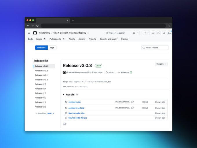 A screenshot of the KeystoneHQ GitHub repository showing the Release v3.0.3 page of the "Smart-Contract-Metadata-Registry," which contains downloadable assets like contracts.zip and contracts_g3.zip totaling approximately 245 MB. This release relates to the post by illustrating the updated ABI library used by Keystone's offline device to decode DeFi transactions before signing.