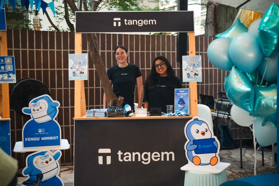 Two smiling representatives in branded Tangem t-shirts stand behind a Tangem-branded booth, flanked by Pengu mascot cutouts and a cluster of teal and white balloons at the Pengu Playground event. The table displays Tangem products and signage promoting "Pengu Minibot" alongside the company's logo, capturing the community-focused crypto gathering described in the post.
