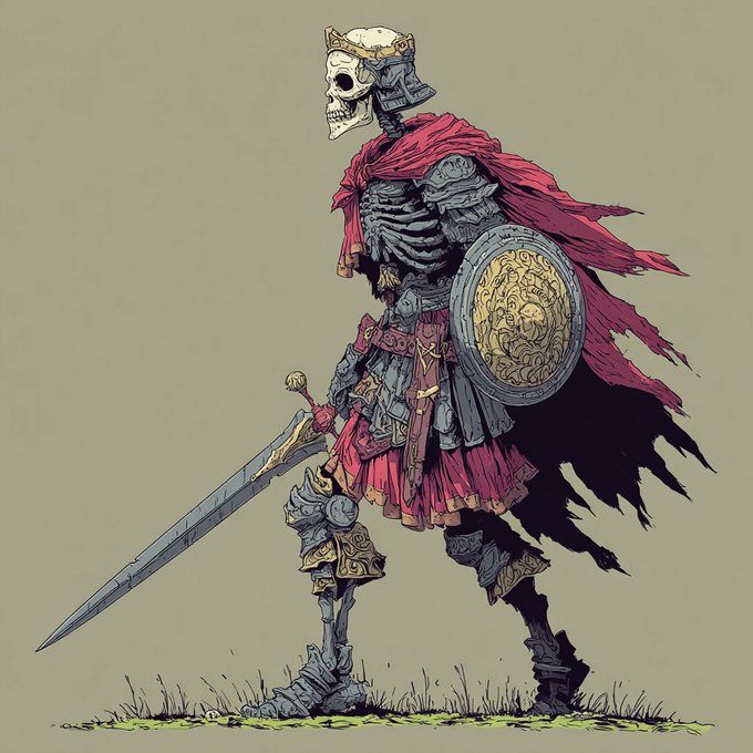 A detailed illustration of an undead skeleton warrior wearing a tattered red cape and crown, wielding a large sword and an ornate round shield with a golden lion emblem, standing on a patch of grass.