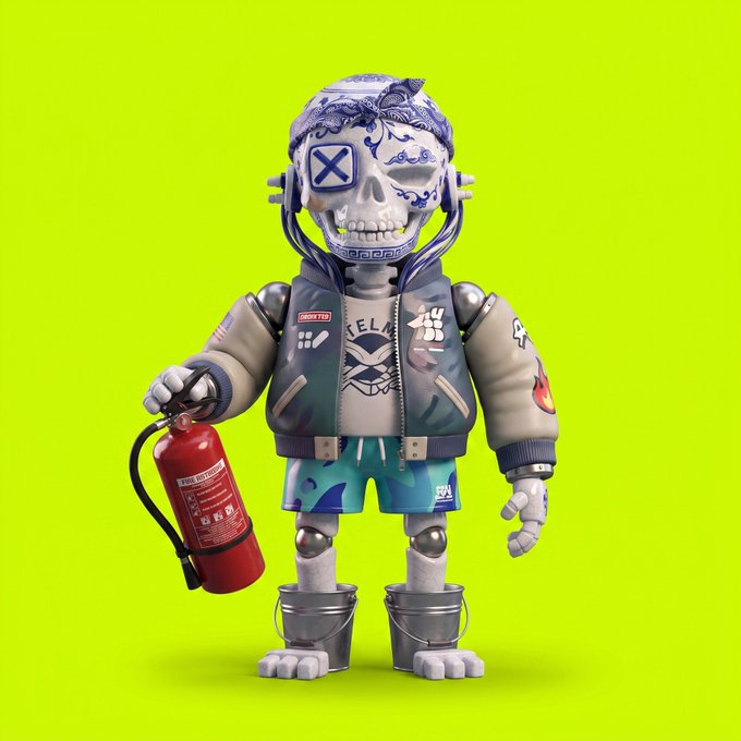 A 3D-rendered skeletal character wearing a "Denim Tears" varsity jacket, patterned headwrap, and blue swim trunks holds a red fire extinguisher against a bright yellow-green background. The skull features blue decorative markings and an "X" symbol over one eye, while the character's metallic, articulated limbs and bucket-like boots give it a toy-like, collectible aesthetic—matching the post's theme of digital art collaboration between the WIF community, Ink on Chain, and Squinkfun.