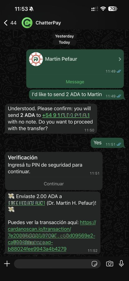 A WhatsApp chat screenshot with 'ChatterPay' showing a successful cryptocurrency transaction where the user sent 2.00 ADA to Dr. Martin H. Pefaur, including a Cardano blockchain verification link.