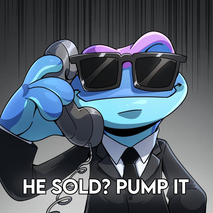 Crypto meme featuring an anthropomorphic blue frog wearing black sunglasses and a suit, holding a telephone receiver, with the text 'HE SOLD? PUMP IT' at the bottom.