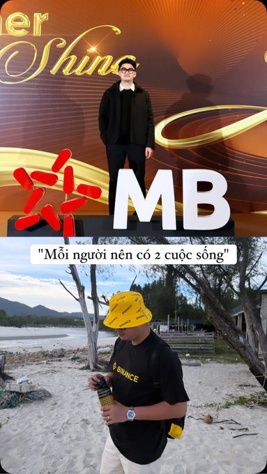 A split-image meme with 'MB' logo: top shows a person in a suit at an awards event, bottom shows the same person on a beach wearing a yellow bucket hat and 'BINANCE' t-shirt, with caption 'Mỗi người nên có 2 cuộc sống' (Everyone should have 2 lives).