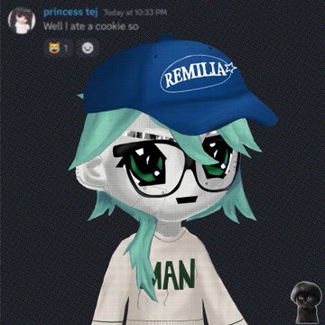 A screenshot of a social media post by 'princess tej' reading 'Well I ate a cookie so' featuring a Gacha-style animated character with green hair and a blue 'REMILIA' cap.