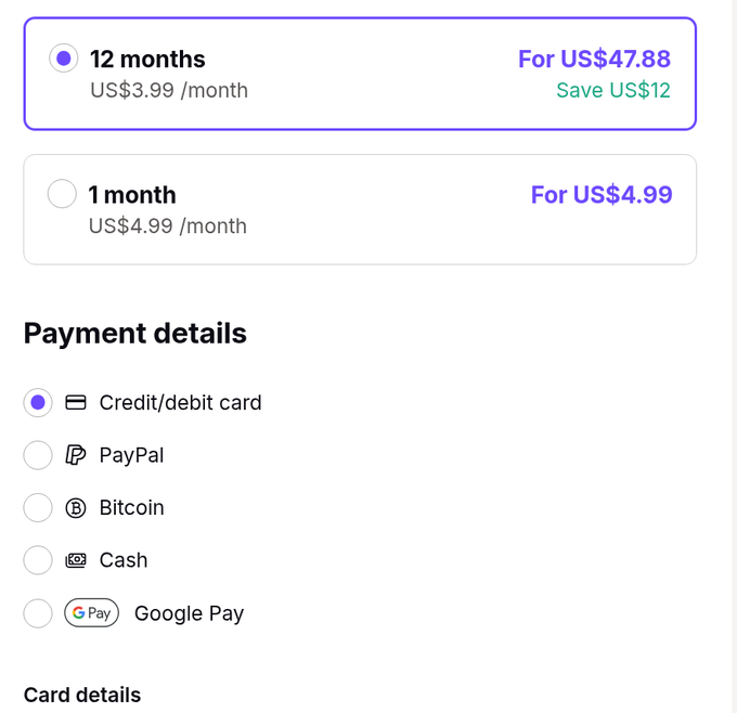 The image shows a subscription checkout page offering a "12 months" plan for US$47.88 (US$3.99/month, saving US$12) versus a "1 month" plan for US$4.99, with payment options including Credit/debit card, PayPal, Bitcoin, Cash, and Google Pay—highlighting that while Proton accepts Bitcoin, the poster's complaint calls out Proton Mail's unfulfilled promise to add Monero (XMR) as a payment method despite a community petition.