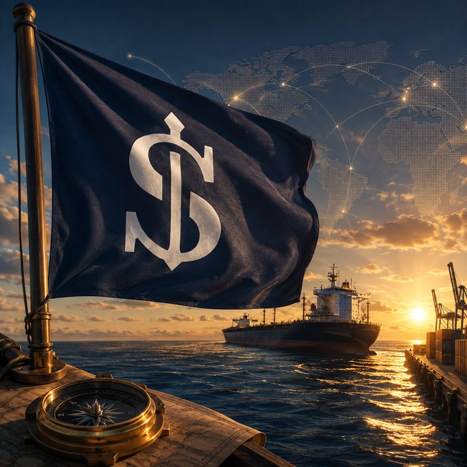 A stylized digital artwork of a large dark flag bearing a stylized 'S' or dollar-like monogram, waving over a port scene with a cargo ship, compass, and world map with connection lines at sunset.