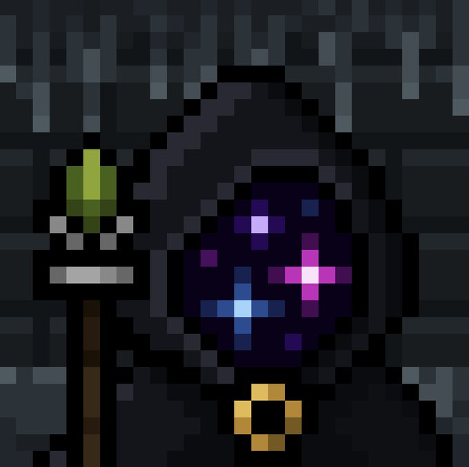 Pixel art image depicting a character with a colorful cosmic or galactic effect emanating from its face or head, set against a dark pixelated background.