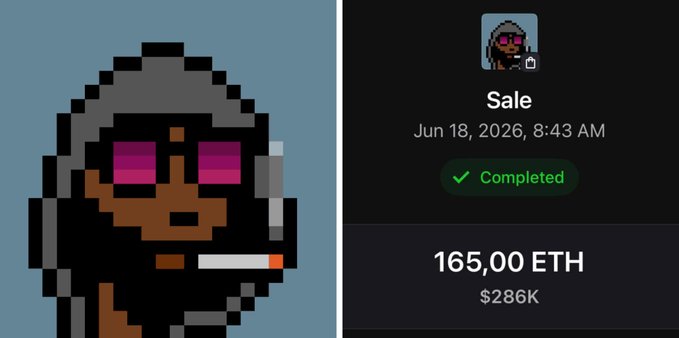 The image depicts a close-up of a character wearing a hoodie, with sunglasses, holding an ashtray. The character appears to be a digital artwork or a meme. The background of the image is predominantly blue. There are two main parts to this image - the main subject being the character and the details in the top right corner that refer to the character selling for 165 eth and having been completed at 8:43 am on June 18, 2016.