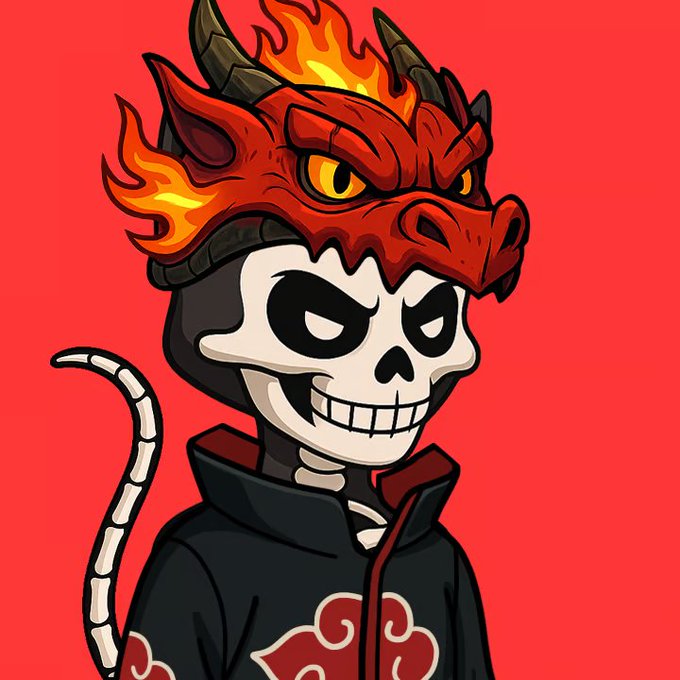 A cartoon skeleton wearing a fiery red dragon mask and a black Akatsuki-style robe with red cloud patterns greets the "$Colors-family" community on a red background, symbolizing bold energy and anime-inspired aesthetics fitting the playful "Who's active today?" prompt.