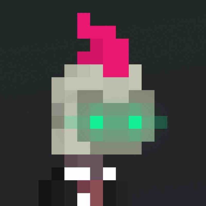 A pixel art character with a pink mohawk, glowing green visor, and dark clothing against a gray background.