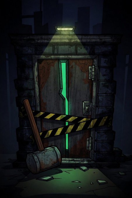 A weathered, barricaded door with yellow caution tape and a fallen canister glows ominously with green light under a single streetlamp, hinting at a forbidden or quarantined space. The eerie, post-apocalyptic setting visually reinforces the post's theme of world-building and "raising the dead," suggesting a hidden or sealed location within the game's universe.