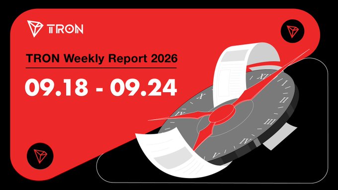 A red and black promotional banner for the TRON Weekly Report 2026 covering the period 09.18 - 09.24, featuring the TRON logo and an illustration of a clock.