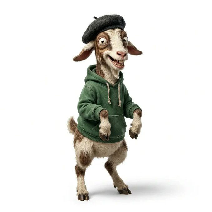A 3D-rendered cartoon goat standing on two legs, wearing a green hoodie and a black beret, with a wide-eyed grinning expression.