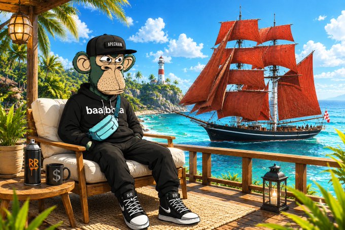 AI-generated image of a Bored Ape-style NFT character wearing an 'APECHAIN' cap and 'baalbaal' hoodie, lounging on a tropical beach chair watching a red-sailed pirate ship.