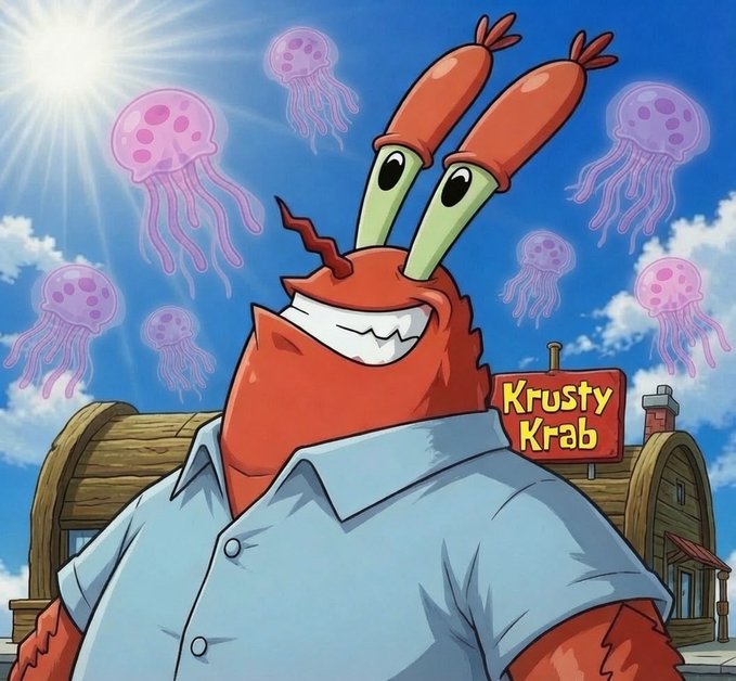 An anime-style illustration of Mr. Krabs from SpongeBob SquarePants smiling in front of the Krusty Krab restaurant with pink jellyfish floating in a bright blue sky.