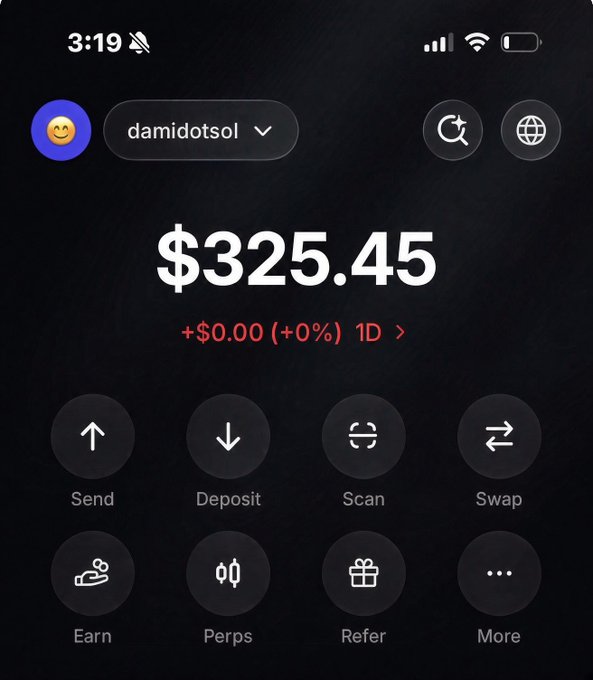 A mobile screenshot of a cryptocurrency wallet interface showing a balance of '$325.45' for the account 'damidotsol', with options for Send, Deposit, Scan, Swap, Earn, Perps, Refer, and More.