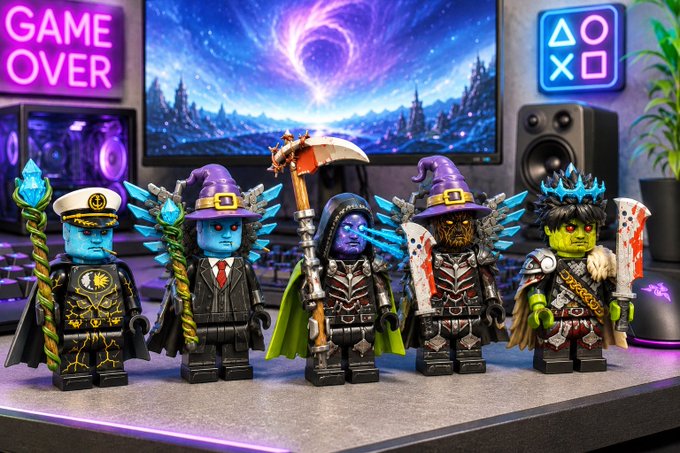 Five LEGO-style minifigures dressed as fantasy characters (including wizards and warriors) posed on a desk with a monitor displaying a space scene and a neon 'GAME OVER' sign.