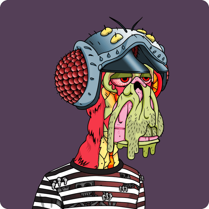 A grotesque cartoon illustration of a character with a melting, disfigured face wearing a spiked metal helmet and a striped shirt.