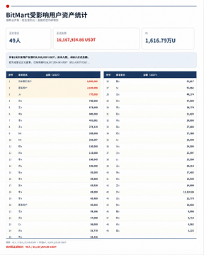A dashboard titled "BitMart彩粉帝用户资产统计" (BitMart User Asset Statistics) showing 49 users with an average USDT value of 38,357,014.06 and a total of 1,816.79万 USDT.