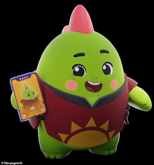 A 3D rendered green cartoon dinosaur mascot with a pink mohawk, holding a phone displaying 'Quip' at '18 Level', with a watermark reading 'Sleepagotchi'.