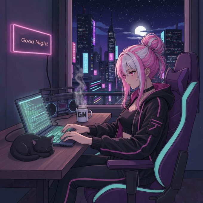 An anime-style illustration shows a pink-haired woman coding at a laptop on a 'Good Night' neon sign desk, with a sleeping black cat and a steaming 'GN' mug beside her.