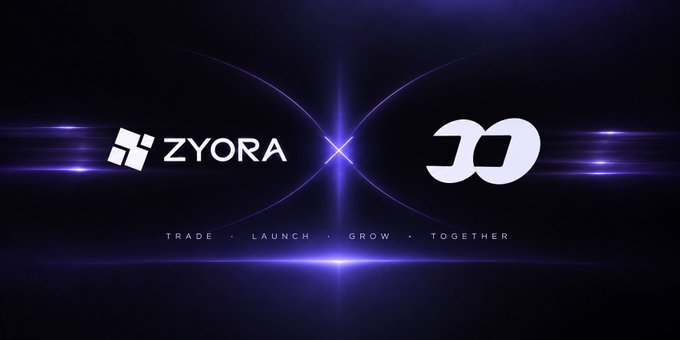 Zyora and FOMO logos displayed side-by-side against a purple lens-flare background, with the tagline "TRADE • LAUNCH • GROW • TOGETHER" beneath them, visually representing the integration partnership between the two platforms.