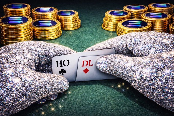 Diamond-encrusted hands hold playing cards next to stacks of gold Solana tokens on a green surface, with visible text 'HO' (clubs) and 'DL' (diamonds).