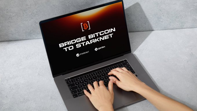 A person types on a laptop displaying a graphic that reads "BRIDGE BITCOIN TO STARKNET" alongside Starknet and Garden logos.