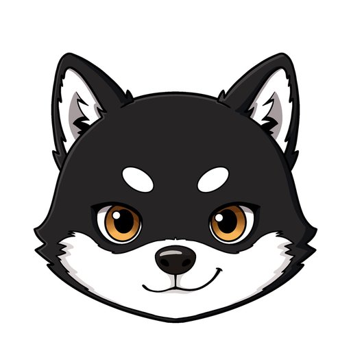 A cartoon illustration of a cute black-and-white husky or shiba puppy head with large brown eyes on a white background.