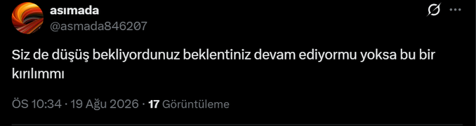 The image shows a Turkish tweet from user @asmada846207 posted on August 19, 2026 at 10:34 PM, asking "Siz de düşüş bekliyordunuz beklentiniz devam ediyormu yoksa bu bir kırılımmı" (translation: "Were you also expecting a drop - does your expectation continue, or is this a breakout"). This relates to the accompanying post about a prediction of market capitulation starting at 53,000, as the tweet is asking followers whether the expected price drop is still anticipated or if a market breakout is occurring instead.