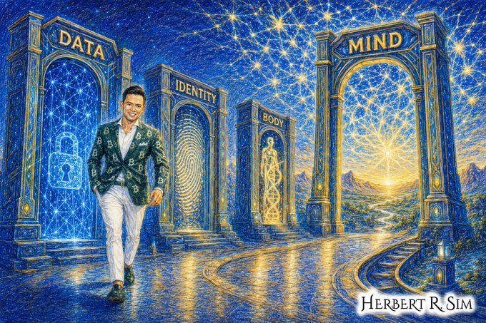 A man in a monogrammed jacket walks confidently through four grand illuminated archways labeled "DATA," "IDENTITY," "BODY," and "MIND," visually mapping the progression outlined in the accompanying post about sovereignty evolving from control over our data to control over our minds, with the artist signature "Herbert R. Sim" displayed in the corner.