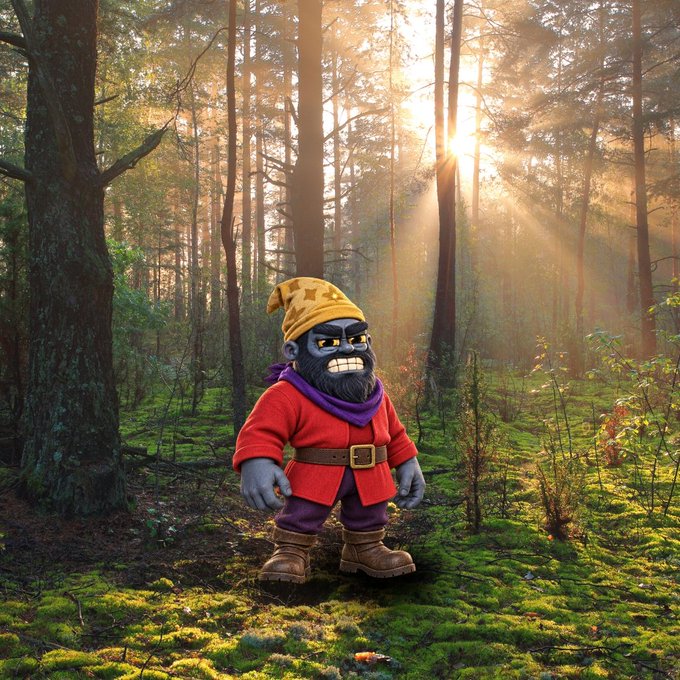 A 3D-rendered cartoon gorilla wearing a red tunic, brown belt, boots, purple scarf, and a yellow star-patterned hat stands in a sunlit forest with mossy ground.