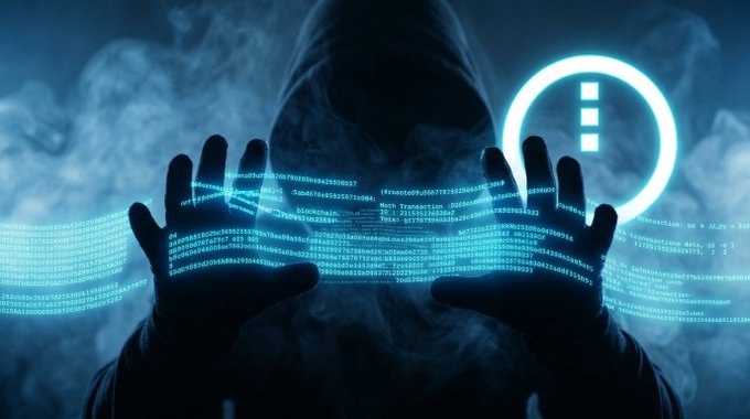 A mysterious hooded figure holds up hands illuminated by streams of digital code and binary data, with a glowing circular symbol containing vertical bars hovering to the side in a dark, smoky atmosphere.
