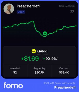 A trading app screenshot shows a token called 'GARRI' with a price of +$1.69, up 90.19%, under the username 'Preacherdefi' with a promo code visible at the bottom.