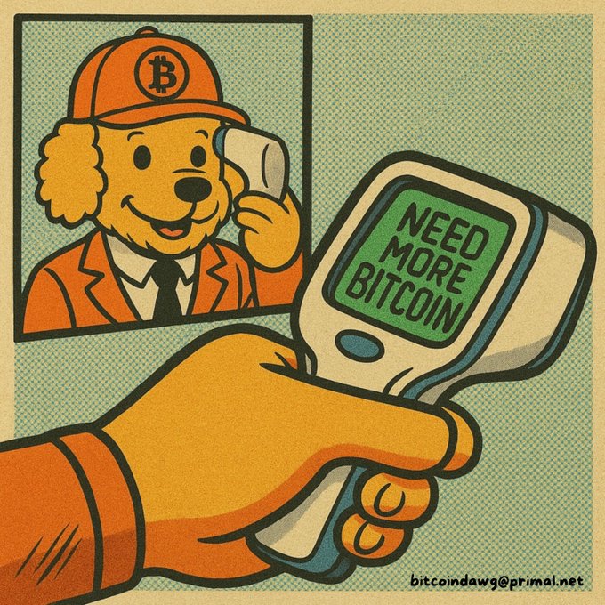 A cartoon-style illustration of a dog wearing an orange cap with a Bitcoin 'B' logo, with a terminal device displaying 'NEED MORE BITCOIN', credited to bitcoindawg@primal.net.
