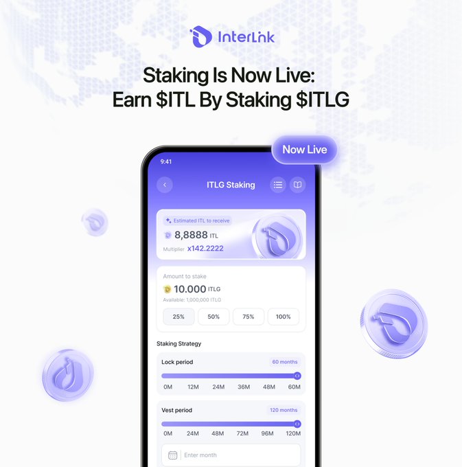 The image is a promotional graphic from InterLink announcing that staking is now live, where users can earn $ITL by staking $ITLG, featuring a mobile app interface showing a staking screen with 8,8888 $ITL estimated rewards (x142.2222 multiplier) for staking 10,000 $ITLG, along with configurable lock period (up to 60 months) and vest period (up to 120 months) settings.