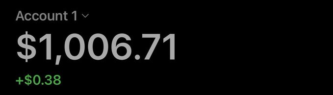 The image shows a trading or portfolio dashboard displaying "Account 1" with a balance of $1,006.71, reflecting a daily gain of +$0.38. This visual milestone supports the celebratory post claiming "$1000 GA!" (goal achieved) and promotes the user @SOLWHALEDYOR for SOL trading signals.