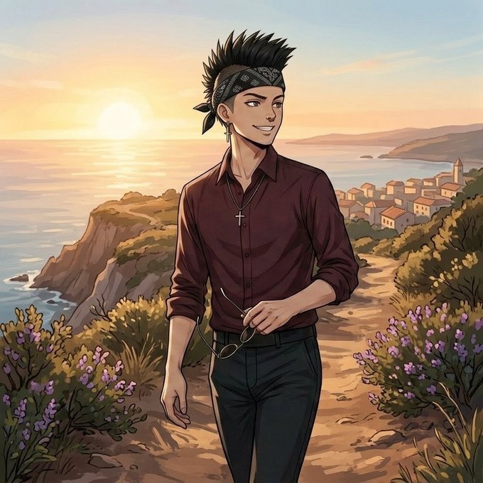 An anime-style young man with a bandana, cross necklace, and sunglasses walks along a coastal path at sunset overlooking a hillside village, embodying the post's message of appreciating life's simple blessings like a fresh new morning.