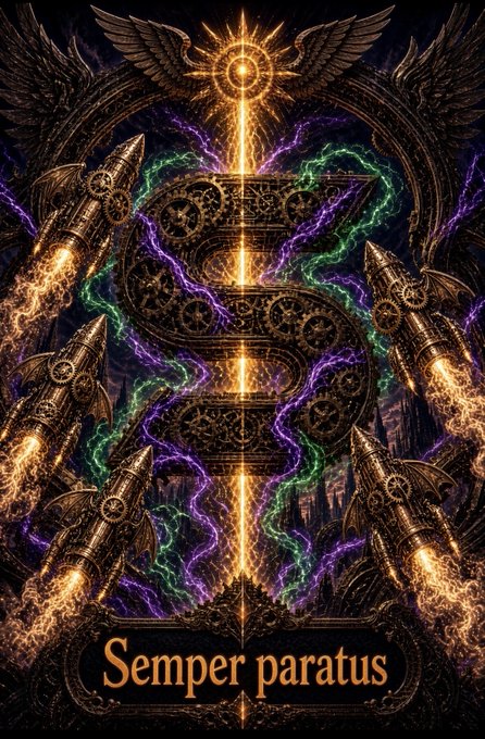 A symmetrical fantasy digital artwork featuring ornate metallic structures, purple and green lightning bolts, a central glowing golden light, and the Latin phrase 'Semper paratus' at the bottom.