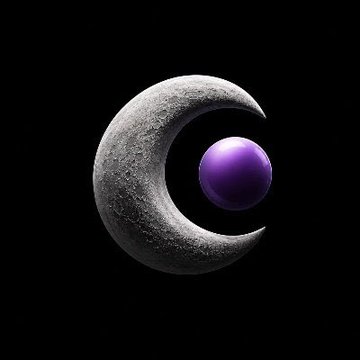A 3D rendered image of a crescent moon with a purple ball/orb floating inside it against a black background.