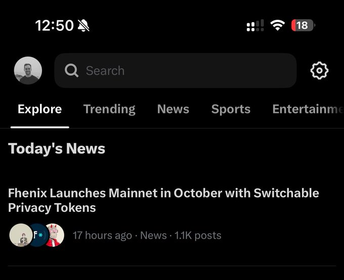 A mobile app screenshot showing the 'Today's News' section with a headline reading 'Fenix Launches Mainnet in October with Switchable Privacy Tokens', posted 17 hours ago.