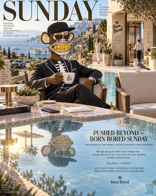 The image features a stylized editorial cover titled "SUNDAY" showcasing an anthropomorphic monkey in a pinstripe suit, sunglasses, and cap, lounging poolside at a luxury coastal villa while holding a "Born Bored" mug. The cover includes headlines like "PUSHED BEYOND — BORN BORED SUNDAY," "LUXURY CULTURE TRAVEL PERSPECTIVE," and "A CALMER KINDER BRIGHTER WORLD," emphasizing themes of leisure and intentional living.

The image ties to the "Web3 Win" message by embodying the "showing up" mindset—projecting confidence, success, and ease as if the creator has already arrived at their destination, reinforcing the idea that the win begins with showing up authentically.