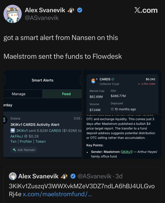 A tweet from Alex Svanevik (@ASvanevik) showing a Nansen smart alert indicating that Maelstrom (Arthur Hayes' family office) sent 6.82M CARDS ($1.92M) to AkFAxj wallet 3 days after publishing a bullish $4 price target, with the transfer to a fund deposit address suggesting potential distribution or selling rather than accumulation.