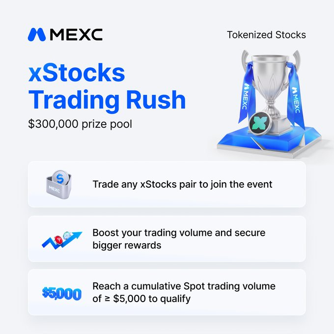 A MEXC xStocks Trading Rush advertisement featuring a silver trophy, promoting a $300,000 prize pool for trading xStocks pairs with a minimum $5,000 cumulative Spot trading volume requirement.