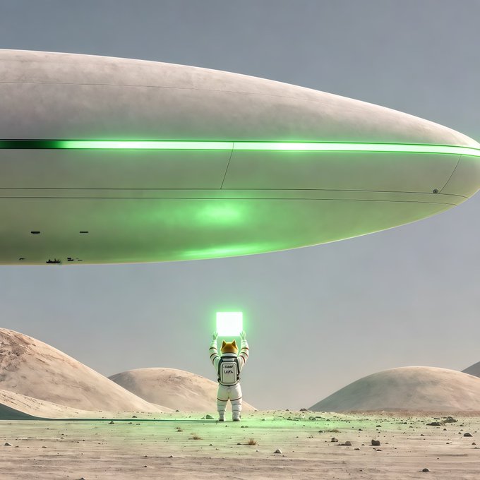 A surreal scene of a lone astronaut standing in a desert landscape, holding up a glowing square that illuminates a massive white blimp hovering above.