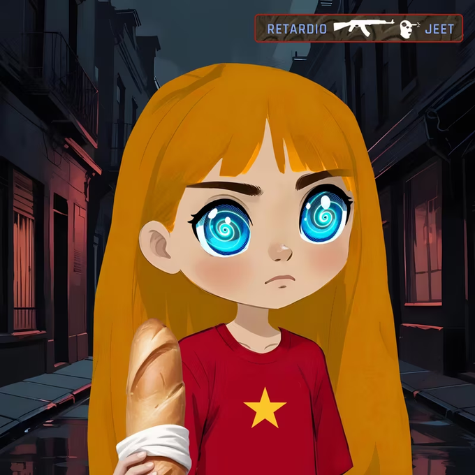 Anime-style illustration of a blonde girl with swirled blue eyes wearing a red shirt with a yellow star, holding a baguette in a dark alley, with a 'RETARDIO' logo and an AK-47 icon at the top.